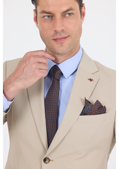 İmza Bej Mono Yaka Yarım Astar 6 Drop Slim Fit Beli Lastikli Takım Elbise 1001250121 Bej