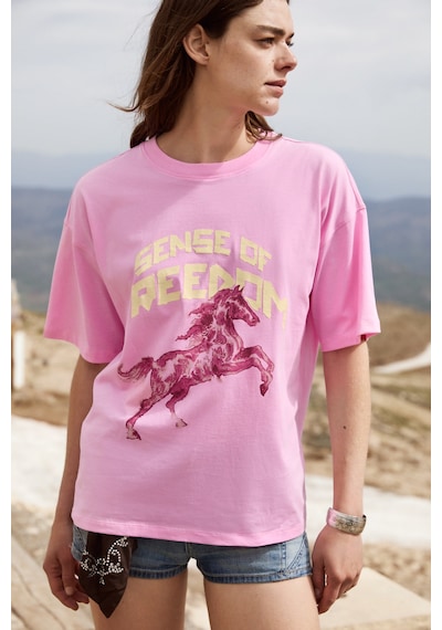 Grımelange Iratı Kadın Yumuşak Kumaşlı %100 Organik Pamuklu Baskı Detaylı Oversize Pembe T-shirt