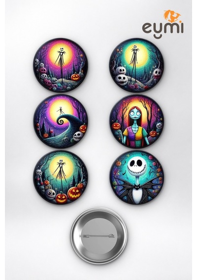 The Nightmare Before Christmas Jack & Sally Çanta Süsü Rozet İğneli Buton Rozet Seti 58 Mm 6'lı Çok Renkli