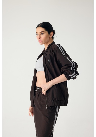 Normal People Rınea- Fermuarlı Şeritli Spor Ceket Crinkle Kumaş Kahve