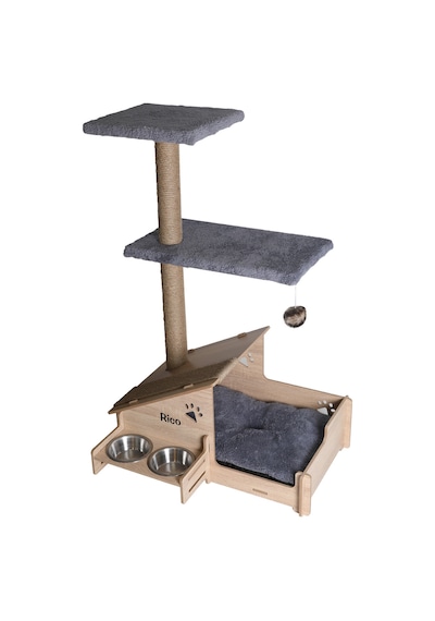 Çok Amaçlı Katlı Kedi Evi-isim Baskılı-ahşap Mdf-tırmalama Çubuklu-gri Minder-çelik Kase-2 350