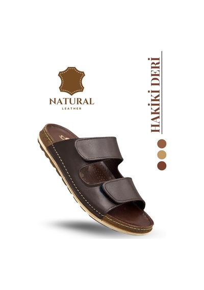 Sermoda Hakiki Deri Erkek Terlik Çift Cırt Bantlı Ortopedik Rahat Taban Günlük Terlik Cm Kahve
