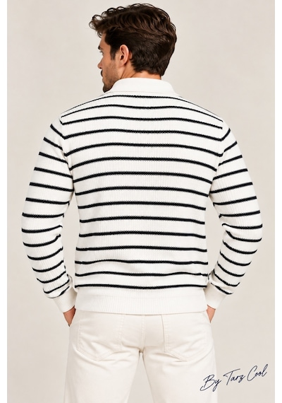 Erkek Çizgili Polo Yaka Triko Kazak Slim Fit Uzun Kollu Pamuk Akrilik Karışımlı Beyaz