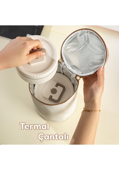 Porsima 25013 Vakumlu 3 Parça Çelik Lunch Box Sefer Tası Çantalı Krem