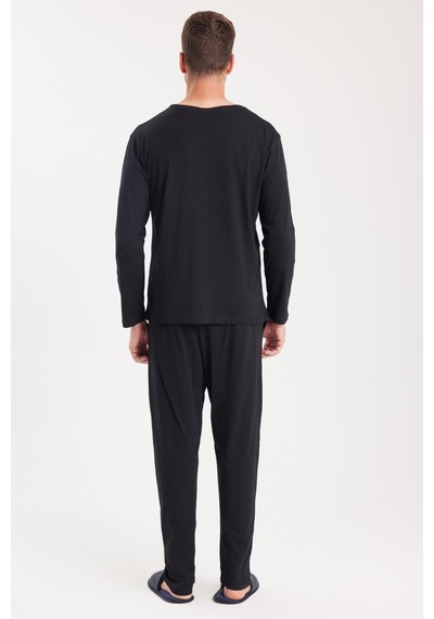 Tudors Erkek Standart Fit %100 Pamuk V Yaka Beli Lastikli Siyah Pijama Takımı-37939 Siyah