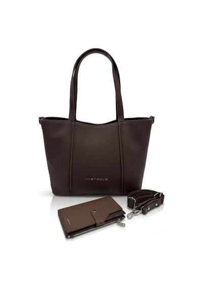 Just Polo Kadın Orijinal Büyük Boy Lüks El & Omuz Çantası Ve Cüzdanı Shopper 27 X 33 Cm Kahverengi