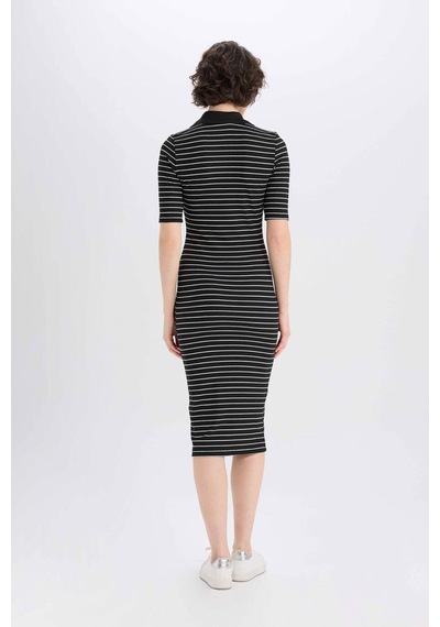 DeFacto Bodycon Vücudu Saran Polo Yaka Fitilli Kaşkorse Kısa Kollu Midi Elbise E6792AX25SPBK27