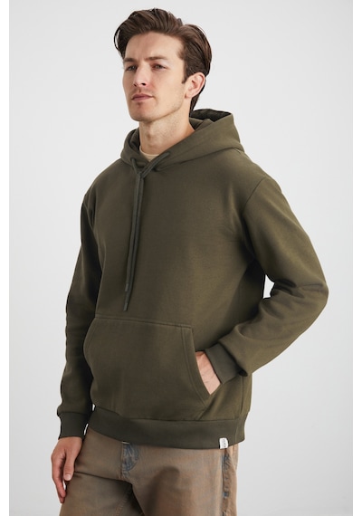 Grımelange Yokohama Erkek Içi Polarlı Organik Pamuklu Regular Kanguru Cepli Kapüşonlu Haki Sweatshirt