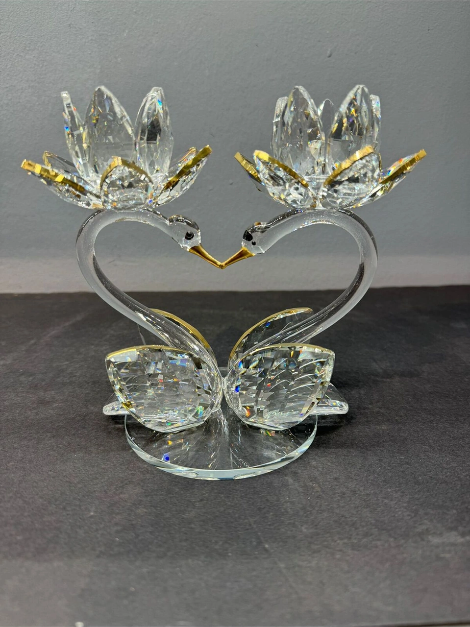 Dekoratif Kristal Cam Ikili Lotus Kuğulu Kalp Şamdan Gold