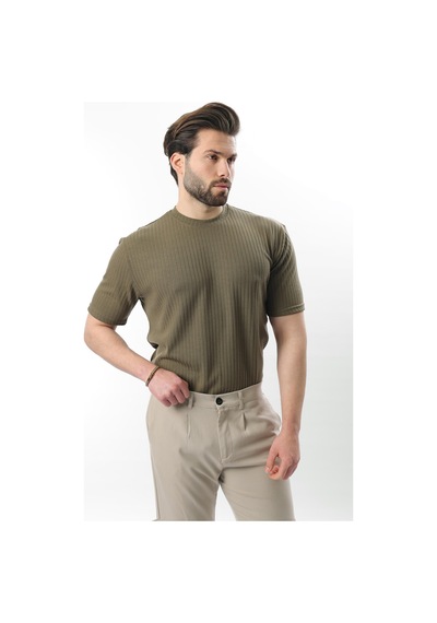 Madmext Haki Dokulu Çizgi Tasarım Bisiklet Yaka Erkek T-shirt E7122 Haki