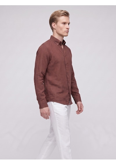 Plus Scorpion Erkek Keten Müslin Gömlek Slim Fit Düğmeli Yaka Uzun Kollu Yazlık Gömlek Kahverengi