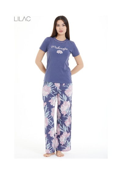 Lılac Kadın Çiçek Desenli %100 Viscon Pijama Takımı Mor Mor