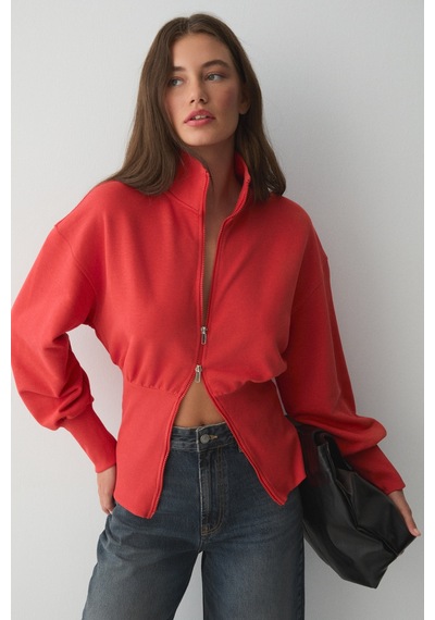 ETHIQUET VIVA DI Kadın Organik Pamuklu Beli Korseli Fermuarlı Kırmızı Sweatshirt