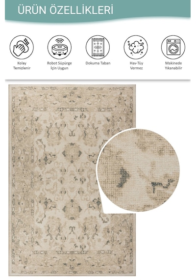 Relic Bej Vintage Dokulu Klasik Desenli Dokuma Tabanlı Şönil Halı Al 521 Bej