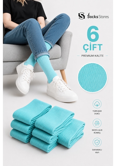 Socks Stores 6 Çift Unisex Renkli Pamuklu Soket Çorap - Renkli Tenis Boy Çorap Turkuaz