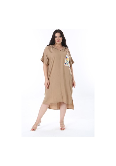 Şans Kadın Büyük Beden Camel Kapşonlu Örgü Cep Detaylı Düşük Kollu Elbise 65n36012-camel Camel