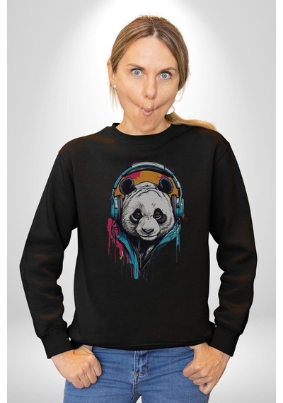 Kulaklık Ayı Panda Unisex Siyah Baskılı Sweatshirt Siyah