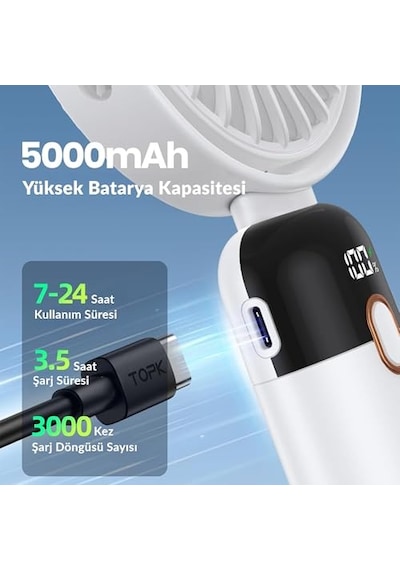 K70 Taşınabilir Şarjlı El Vantilatörü 2400mah 360 Döner Başlıklı Standlı Dijital Ekranlı Soğutucu Fan Beyaz