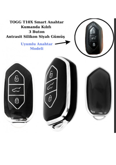 Togg T10x Uyumlu Anahtar Koruma Kılıfı Siyah / Gümüş Detaylı