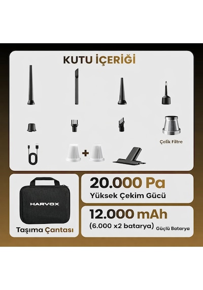 Harvox Hxvc-005 Araç İçi Profesyonel Süpürge 12.000 Mah Çift Bataryalı 20.000pa Güçlü Vakum Ve Üfleme Powerbank Özellikli Süpürge Siyah