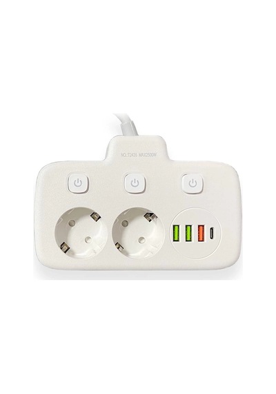 Akım Korumalı 2 Li Ayrı Anahtarlı Priz, 2x Priz, 3x Usb, 1x Type-c, 2 Mt Kablo, Hızlı Şarj 0