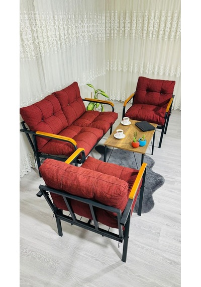 Madame Home Kaktüs Balkon, Bahçe,teras,cafe - Salon - Metal Kanepe Koltuk Takımı - 2 1 1 Sehpa Bordo