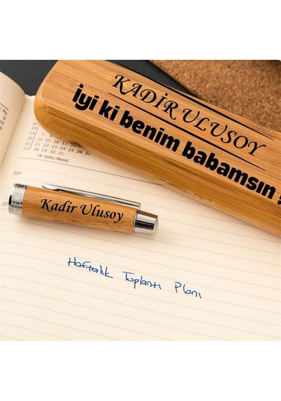 Babalar Günü Hediyesi İsme Özel Bambu Ahşap Roller Kalem Seti - İyi Ki Benim Babamsın Kutulu Kalem Mavi