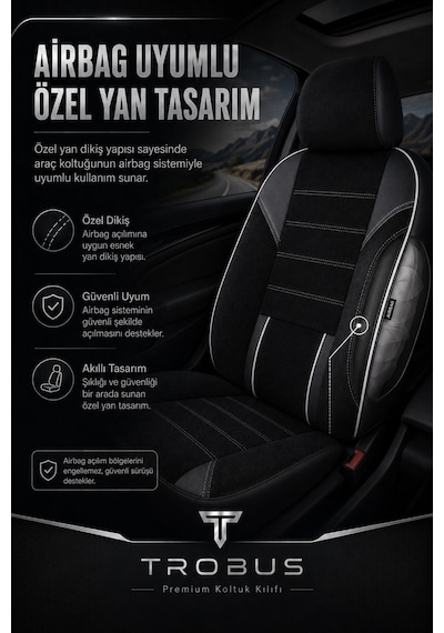 Nova Serisi Tay Tüyü Bel Destekli Siyah Beyaz Premium Üniversal Koltuk Kılıfı Tam Set