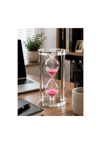 Özel Tasarım Standlı Ev Ofis Lüks Masa Üstü Dekorasyonu Şeffaf Cam Pembe Kum Saati 10 Dakikalık 14cm Çok Renkli