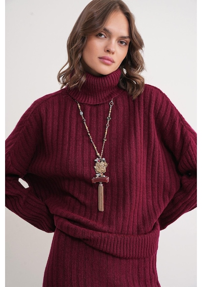 Mixray 6928 Kadın Fitilli Balıkçı Yaka Triko Kazak Bordo