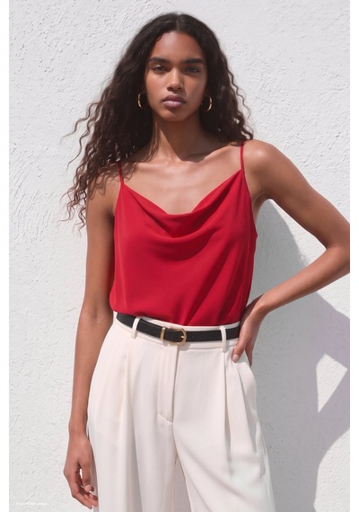 Sateen Askılı Degaje Yaka Bluz - Kırmızı-137665
