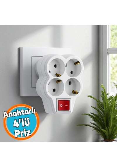Grup Priz Golyat Düğmeli Fiş Kablosuz Açma Kapamalı Anahtarlı Topraklı Çoklu Çoğaltıcı 4'lü Beyaz 0