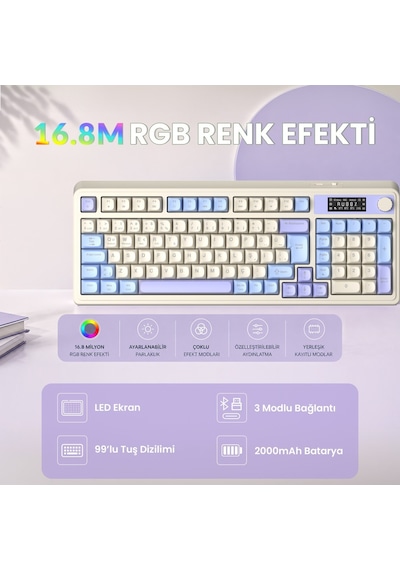 Aula S99 Pro Retro Rgb Gaming Bluetooth 2.4ghz Type-c 3 Mod Kablosuz Makrolu Türkçe Q Oyuncu Klavye Mavi 75645672