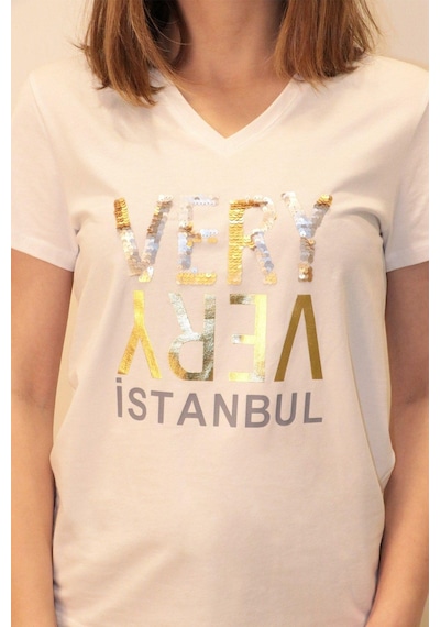 Rich Kadın V Yaka T-shirt %100 Pamuk Tişört Beyaz