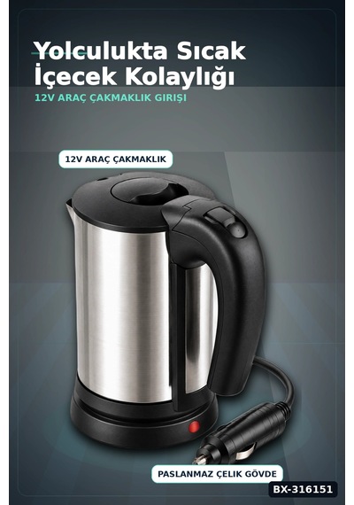 Araç İçi Su Isıtıcı Kettle 12v Çakmaklık Uyumlu Paslanmaz Çelik Termos Kupa Bx-316151
