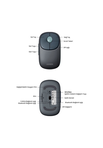 Ugreen Fun+ Ergonomik Sessiz Kablosuz Mouse Bluetooth 5.0 + 2.4ghz, Şarj Edilebilir, 4000 Dpı, 90538 Standart