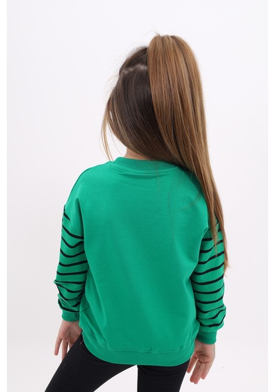 Kız Çocuk Relax Fit Bisiklet Yaka Cepli Baskılı Sweatshirt - Kolu Çizgili & 2 İplik Çimen Yeşili Kız Çocuk Relax Fit Bisiklet Yaka Cepli Baskılı Sweatshirt - Kolu Çizgili & 2 İplik Çimen Yeşili
