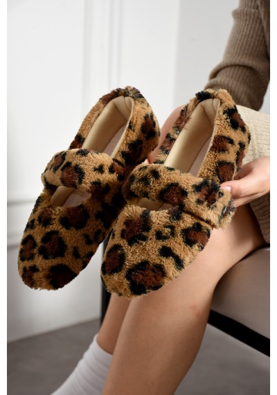 Nmoda Ultra Yumuşak Peluş Kadın Ev Babeti Ses Yapmaz Hafif Taban Panduf Leopar