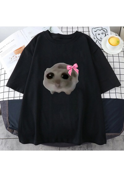 Startmore Beyaz Sad Hamster Tshirt Karikatür Grafik Baskılı Pembe Yaz Tshirt Streetweed Kı Siyah