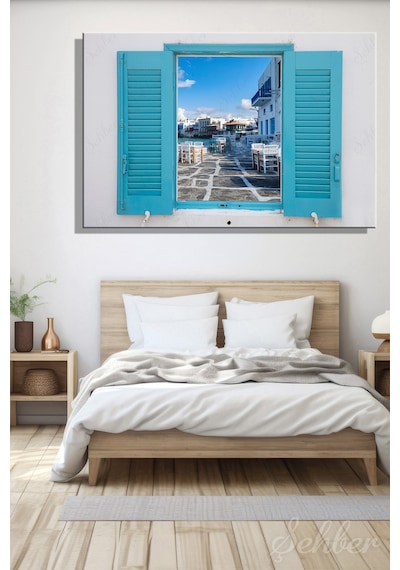 Yunanistan Mikonos Adası Deniz Kenarındaki Kafeler Dekoratif Yatay Kanvas Tablo 4039 Çok Renkli