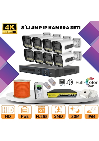 8'li Güvenlik Ip Kamera Seti - 4mp Dış Mekan Kamera, 3.6mm Lens, H.265, Poe, Warm Led Gece Görüşlü 8'li Güvenlik Ip Kamera Seti - 4mp Dış Mekan Kamera, 3.6mm Lens, H.265, Poe, Warm Led Gece Görüşlü