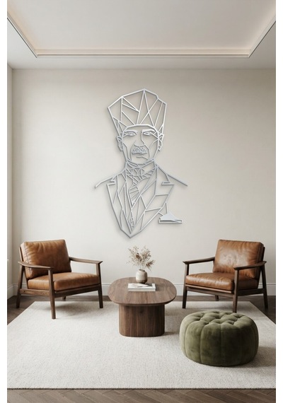 Atatürk Çizgi Metal Duvar Tablosu - Duvar Sanatı - Duvar Dekoru - Gümüş