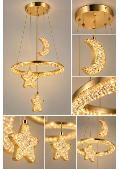 Modern Premium Gold Ay Yıldız 3 Renkli Ledli Sarkıt Avizesi Çocuk Genç Bebek Odası Modelleri 84w Beyaz