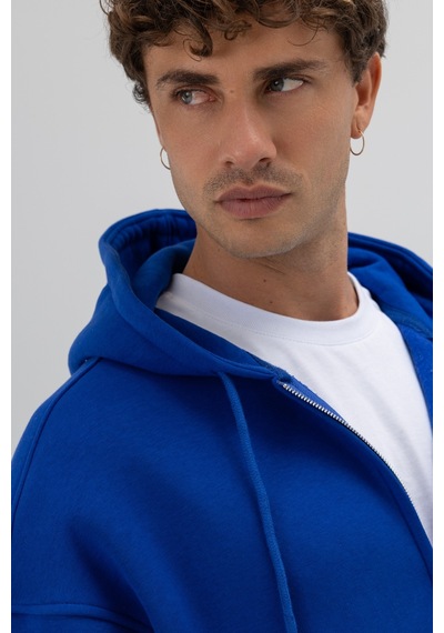 Vamos Basic Fermuarlı Oversize Kapüşonlu Sweatshirt Saks Mavi