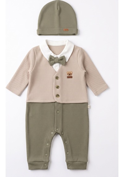 Minipomes Erkek Bebek Formal Boy Takım Görünümlü Patiksiz Tulum Şapka Set Haki