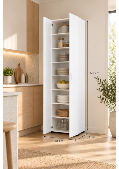 Mondo 8 Raflı Çok Amaçlı Dolap - Kiler Dolabı 173 X 48 X 32 Cm - Beyaz