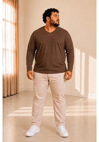 Sngl Tekstil Erkek Büyük Beden Oversize Uzun Kollu V Yaka T-shirt 3xl 4xl 5xl 6xl 7xl 8xl 9xl Kahverengi