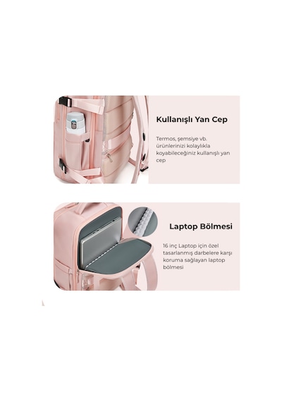 Su Geçirmez 16" İnç 39l Ayakkabı Bölmeli Seyahat Sırt Çantası - Laptop Bölmeli, Usb Şarj Girişli Pembe