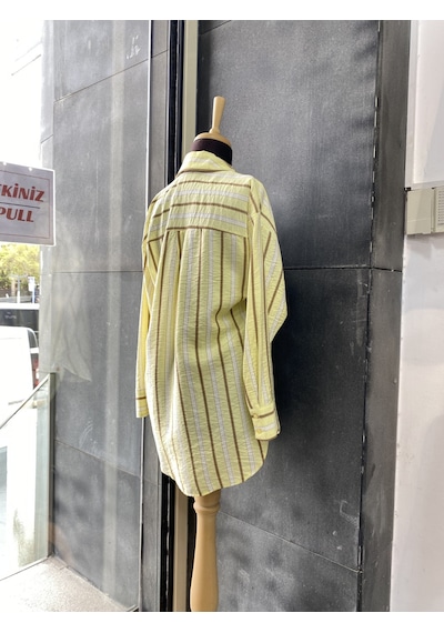 Pera Moda Oversize Çizgili Uzun Kadın Gömleği Sarı