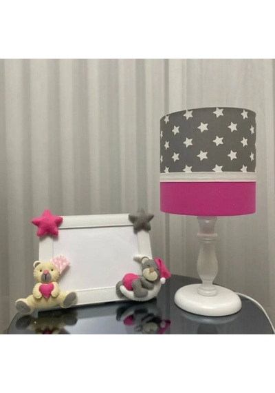 Abajur Çerçeve Ayıcık Figürlü Gri Koyu Pembe
